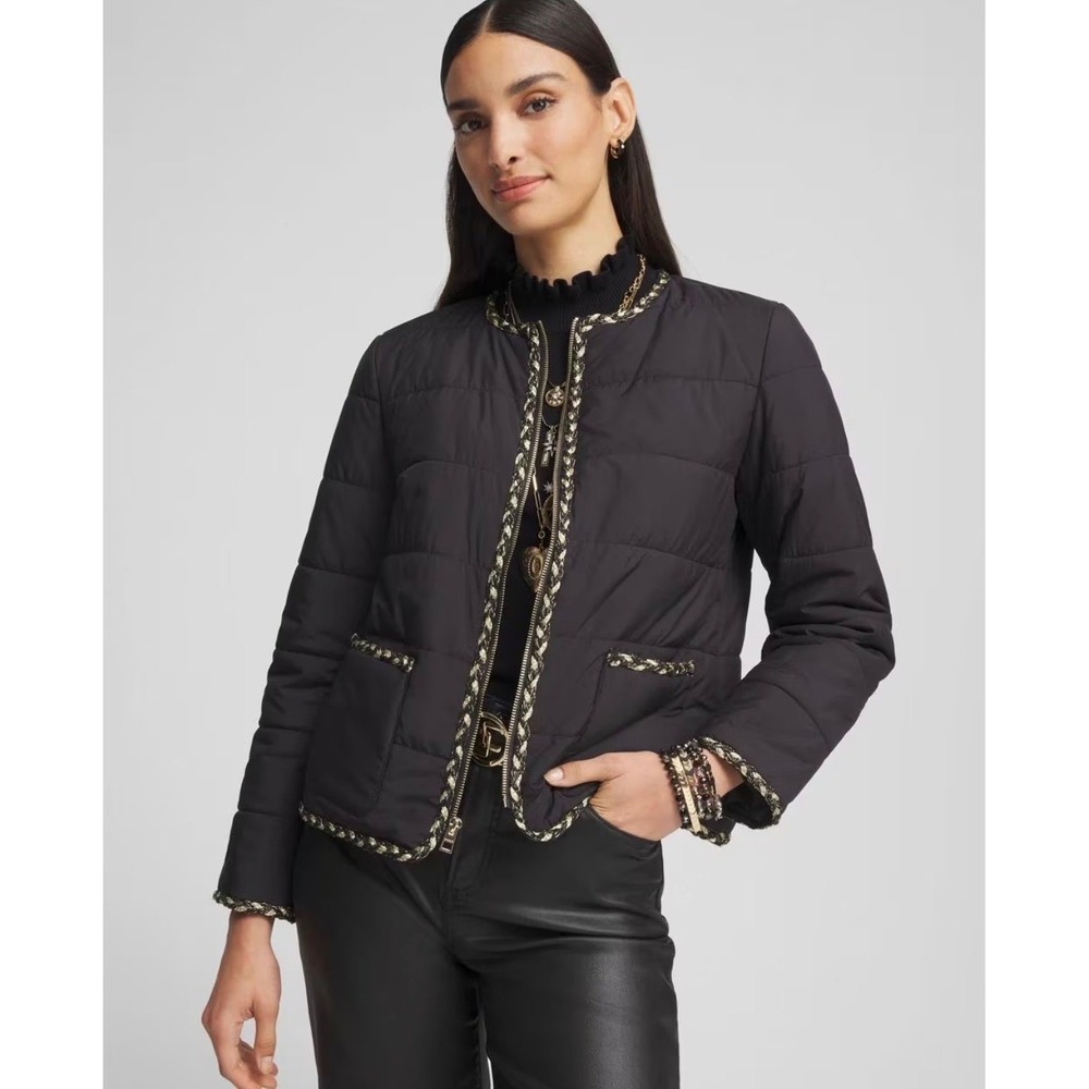 Chicos Womens Black Quilted Puffer Jacket Gold Braided Trim Size 8 Pockets